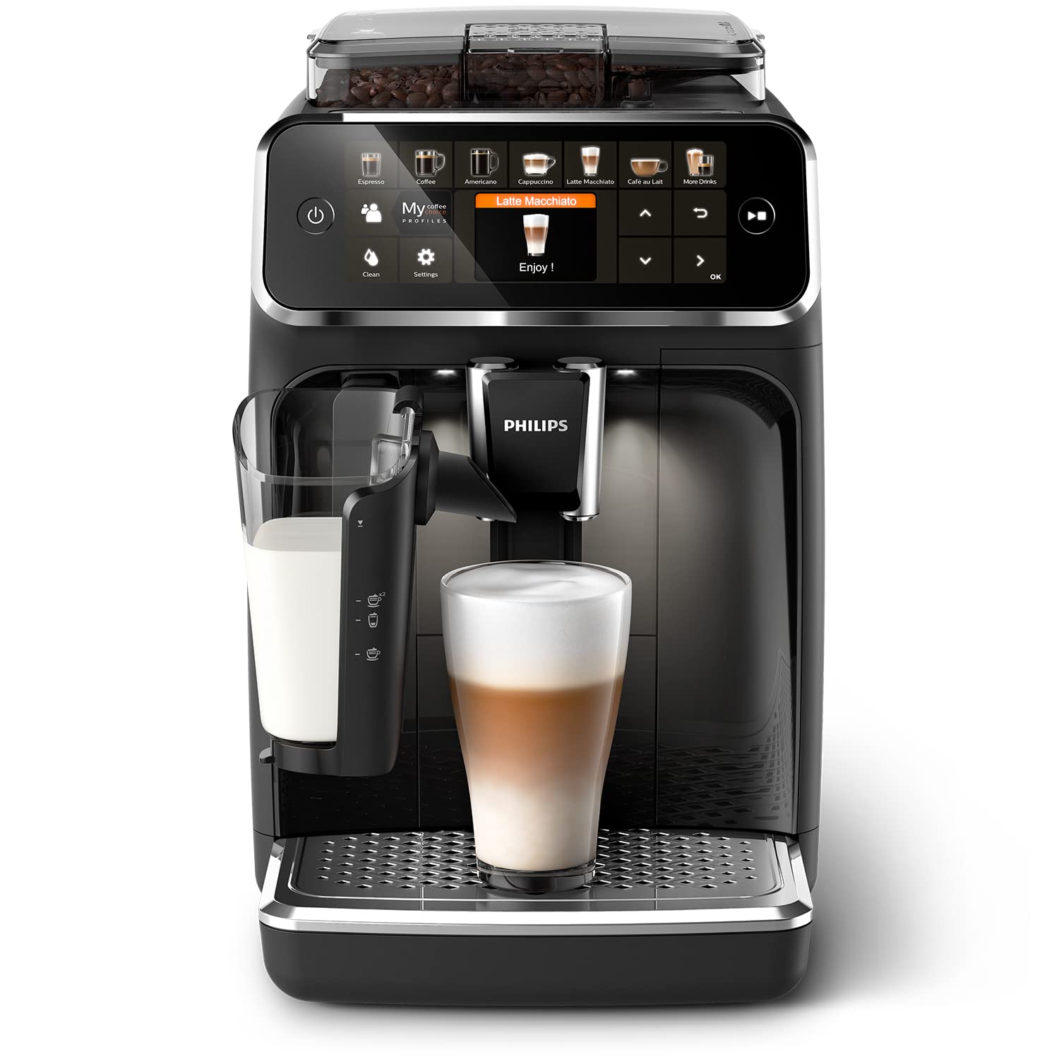 Philips Serie 5500 Kaffeevollautomat – LatteGo Milchsystem, 20 heiße und kalte Kaffeespezialitäten, 40% leiser mit SilentBrew, QuickStart, Schwarz Verchromt (EP5547/90)