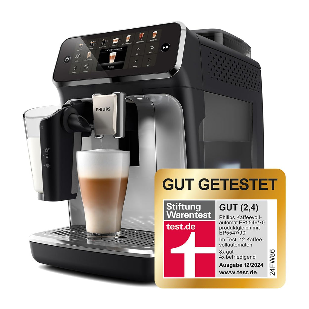 Philips Serie 5500 Kaffeevollautomat – LatteGo Milchsystem, 20 heiße und kalte Kaffeespezialitäten, 40% leiser mit SilentBrew, QuickStart, Schwarz Verchromt (EP5547/90)