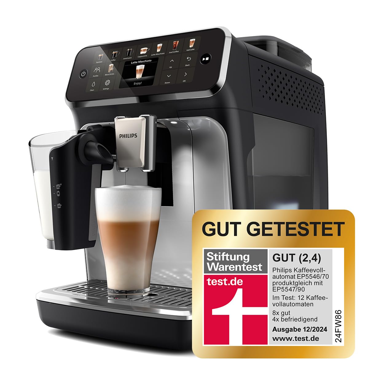 Philips Serie 5500 Kaffeevollautomat – LatteGo Milchsystem, 20 heiße und kalte Kaffeespezialitäten, 40% leiser mit SilentBrew, QuickStart, Schwarz Verchromt (EP5547/90)