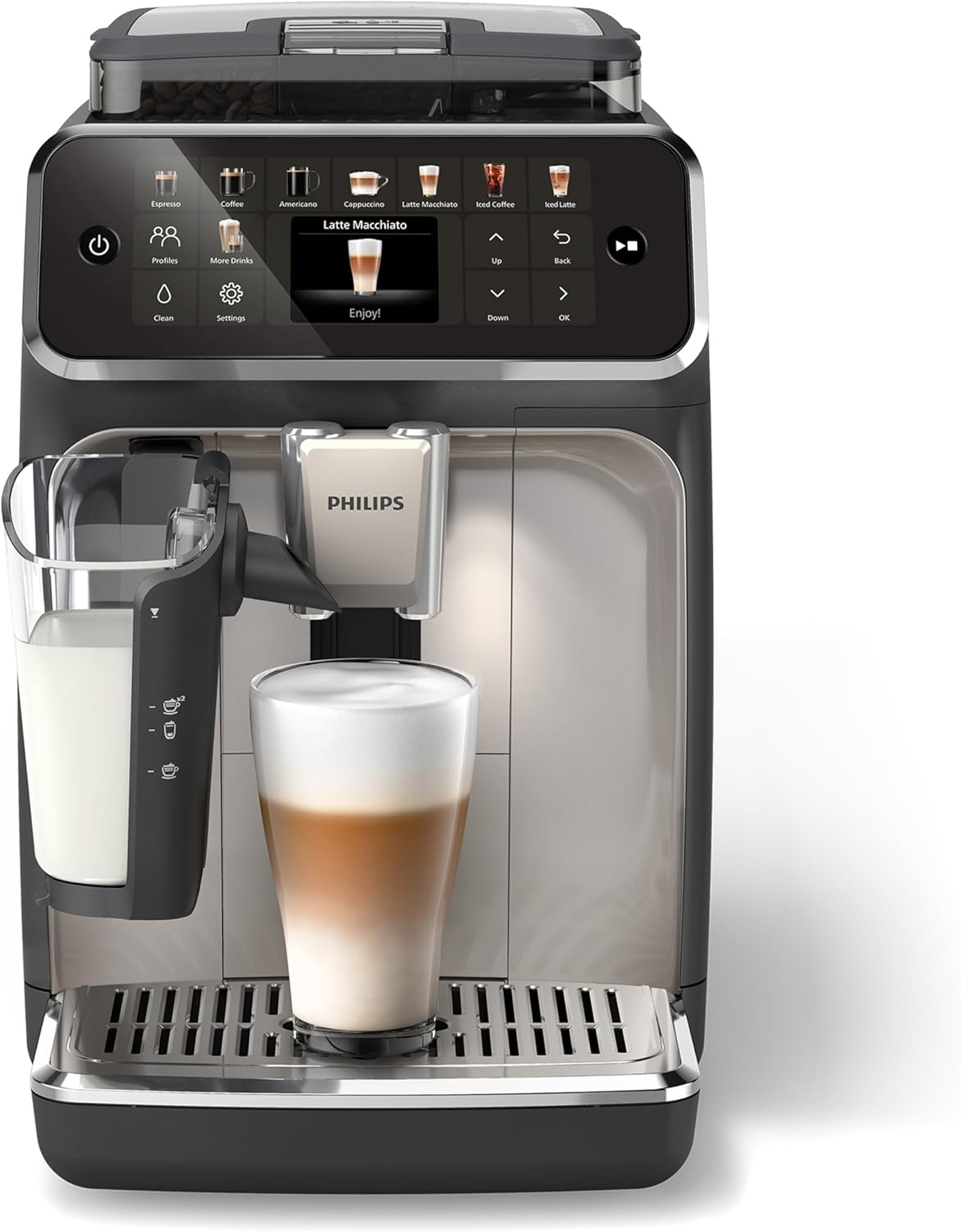 Philips Serie 5500 Kaffeevollautomat – LatteGo Milchsystem, 20 heiße und kalte Kaffeespezialitäten, 40% leiser mit SilentBrew, QuickStart, Schwarz Verchromt (EP5547/90)