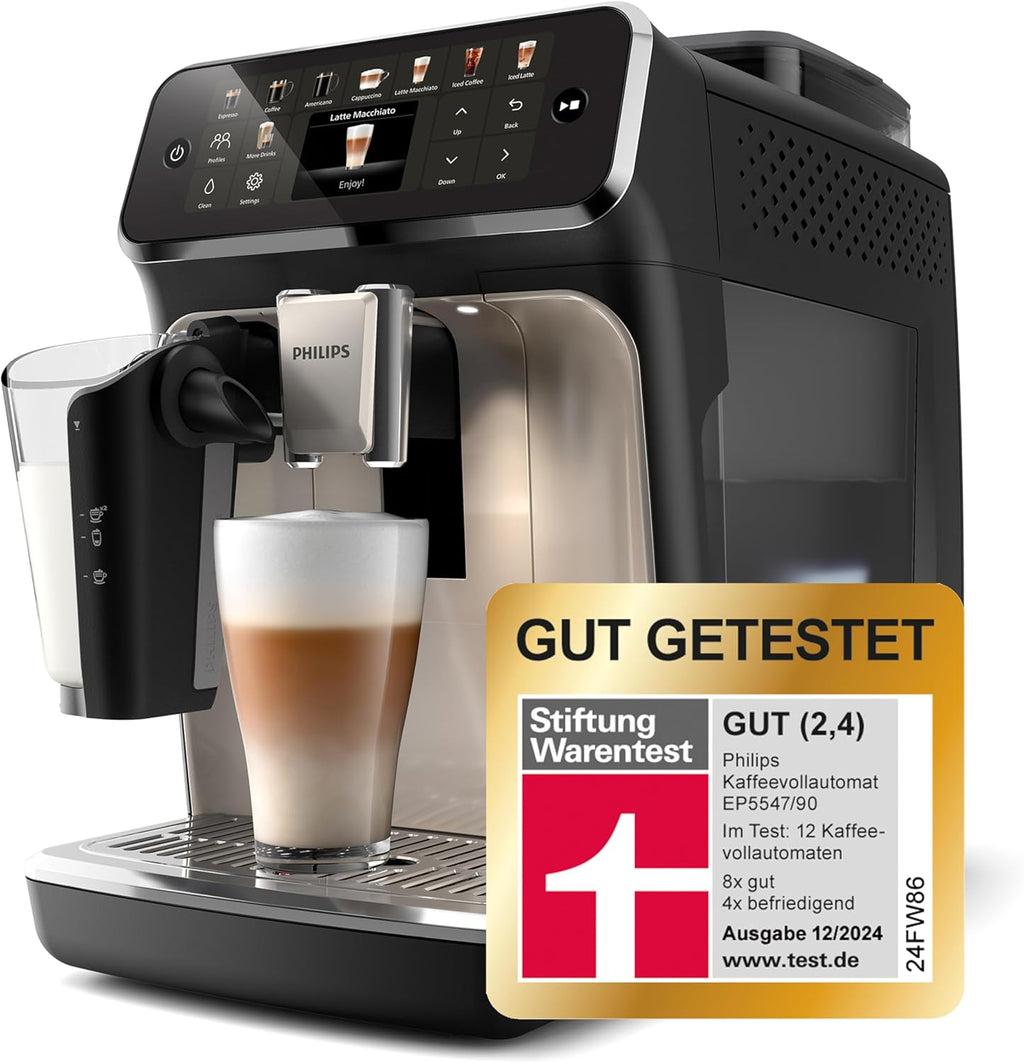 Philips Serie 5500 Kaffeevollautomat – LatteGo Milchsystem, 20 heiße und kalte Kaffeespezialitäten, 40% leiser mit SilentBrew, QuickStart, Schwarz Verchromt (EP5547/90)